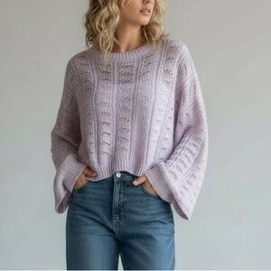 American Eagle Open Pointelle Knit Boho Flare Bell Sleeve Lilac Pink Sweater L